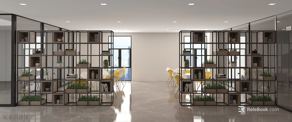 Modern Leisure Area Interior With Open Bookshelves Yellow Chairs And Green Plants 3d model 