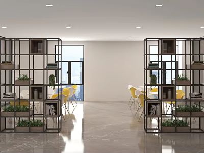 Modern Leisure Area Interior With Open Bookshelves Yellow Chairs And Green Plants 3d model