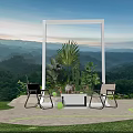 Outdoor Interactive Area With White Frame Chairs Small Table Plants And Mountain View