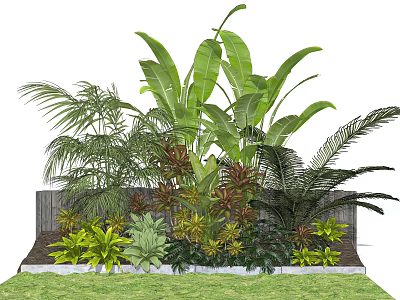 Lush Shrubs In Garden With Tropical Plants Palm Leaves And Wooden Fence 3d model