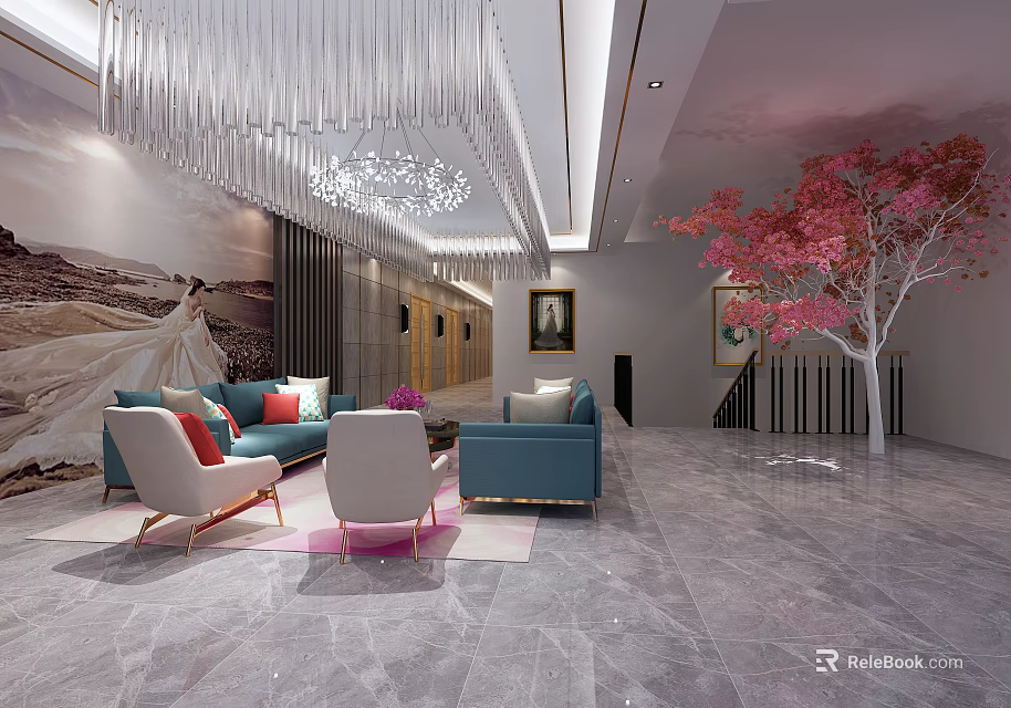 Bridal Shop Interior Design With Chandelier Pink Tree Sofa Armchairs And Marble Floor 3d model 