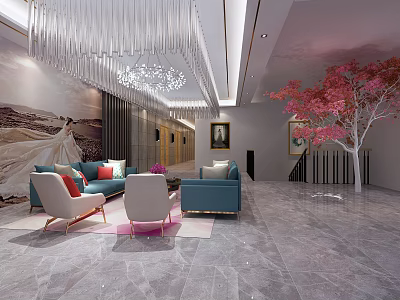 Bridal Shop Interior Design With Chandelier Pink Tree Sofa Armchairs And Marble Floor 3d model