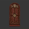 Dark Red Wooden Door With Arched Top Golden Ornate Patterns And Handle
