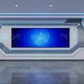 Futuristic Tech Interior With Blue Digital Screen And Geometric Lighting Design