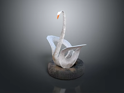 Elegant Metal Swan Sculpture with Orange Beak on Circular Wooden Base 3d model