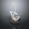 Elegant Metal Swan Sculpture with Orange Beak on Circular Wooden Base