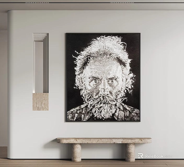 Black and White Textured Portrait Painting of Bearded Man on Wall with Stone Bench Below 3d model 