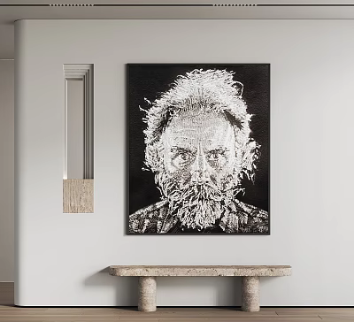 Black and White Textured Portrait Painting of Bearded Man on Wall with Stone Bench Below 3d model