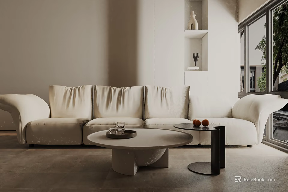 Three Seater Sofa In Bright Living Room With Modern Round Coffee Table And Side Table 3d model 