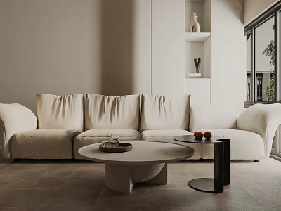 Three Seater Sofa In Bright Living Room With Modern Round Coffee Table And Side Table 3d model