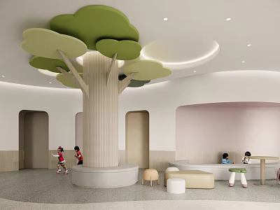 Kindergarten Indoor Space With Large Tree Shaped Structure Green Leaves And Children Playing 3d model