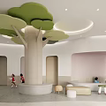 Kindergarten Indoor Space With Large Tree Shaped Structure Green Leaves And Children Playing