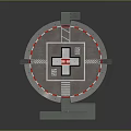 Circular Helicopter Landing Pad With Central Cross Symbol Red White Edges Stairs And Railings