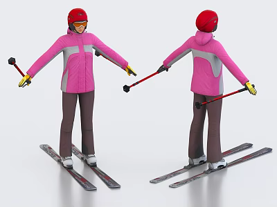 Woman Skiing in Red Helmet and Pink Jacket with Ski Poles and Skis 3d model