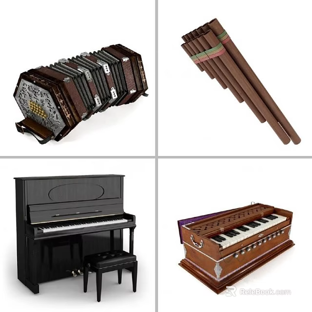Assortment of Musical Instruments Featuring Accordion Pan Flute Piano and Harpsichord 3d model 