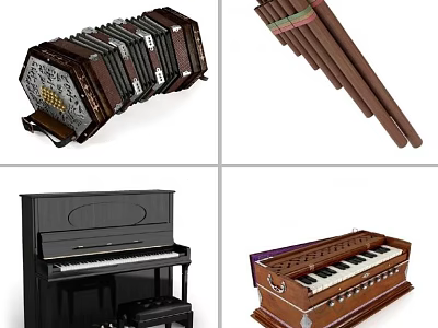 Assortment of Musical Instruments Featuring Accordion Pan Flute Piano and Harpsichord 3d model