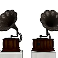 Vintage Gramophone Decorative Ornament Set With Ornate Horns Wooden Bases On White Pedestals