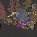 Cartoon Forest Diorama With Wooden Cabin Pine Trees Blue Truck Stream And Watchtower
