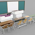 Classroom Desks With Chairs Front Podium And Blackboard Setup 3d model