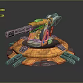 Futuristic Mechanical Turret With Yellow And Gray Metal Structure And Circular Base