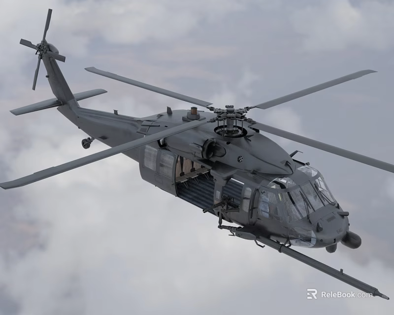 Military Helicopter Flying High in Cloudy Sky With Rotating Rotors And Aerial Equipment 3d model 