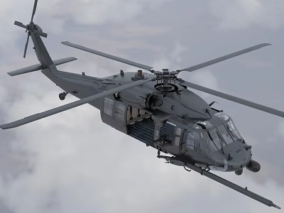 Military Helicopter Flying High in Cloudy Sky With Rotating Rotors And Aerial Equipment 3d model