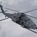 Military Helicopter Flying High in Cloudy Sky With Rotating Rotors And Aerial Equipment