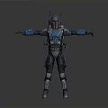 3D Sci Fi Character Model In Blue Black Armor With Horned Helmet And Extended Arms