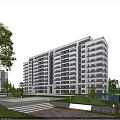 Modern Residential Building Exterior With Green Landscaping Water Feature And Pedestrian Walkway