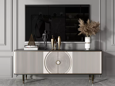 Modern TV Stand With Striped Design Circular Accent Gold Legs And Decorative Vase 3d model