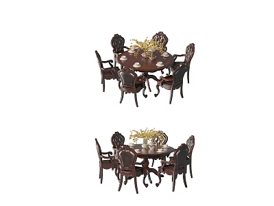 Elegant Round Dining Table Set With Six Chairs And Decorative Centerpiece 3d model