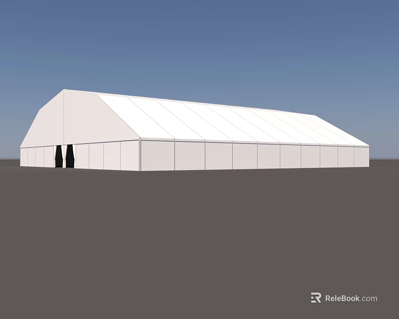 Large White Tent Structure With White Walls Black Doors Blue Sky And Gray Ground 3d model 