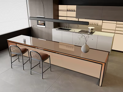 Modern Bar Counter With Sleek Surface And Chairs With Brown Seats Near Kitchen Cabinets 3d model