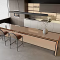 Modern Bar Counter With Sleek Surface And Chairs With Brown Seats Near Kitchen Cabinets