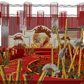 Chinese Wedding Banquet Hall With Red Gold Decor Bamboo Flower And Lanterns