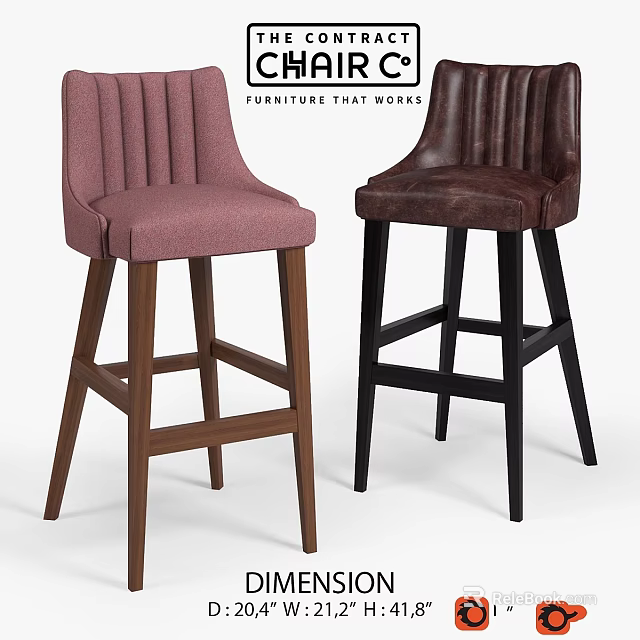 Stylish Pink And Brown Upholstered Bar Stools With Ribbed Design And Wooden Legs 3d model 