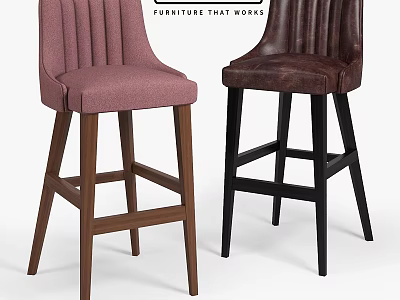 Stylish Pink And Brown Upholstered Bar Stools With Ribbed Design And Wooden Legs 3d model