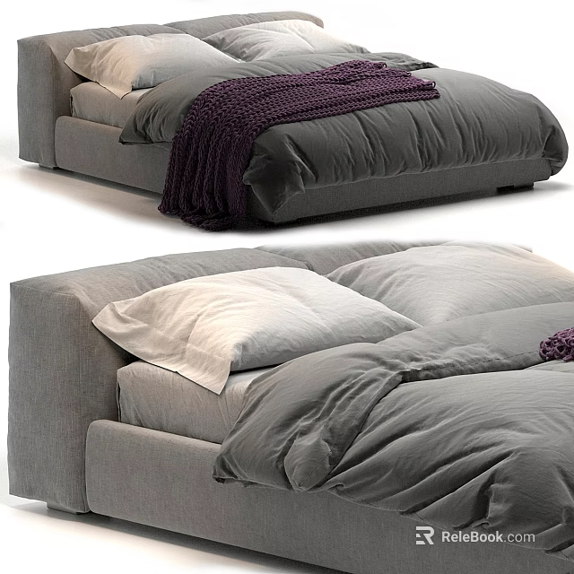 Modern Gray Upholstered Double Bed With Soft Bedding White Pillows And Purple Throw Blanket 3d model 