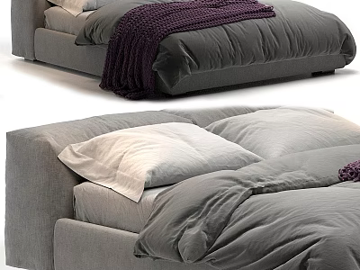 Modern Gray Upholstered Double Bed With Soft Bedding White Pillows And Purple Throw Blanket 3d model
