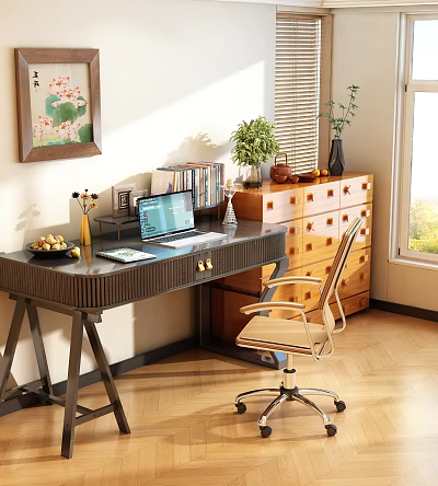 Warm Home Office Interior With Wooden Desk Laptop Potted Plant And Natural Light 3d model
