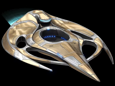Futuristic Interstellar Spaceship With Gold Silver Exterior And Blue Lights Design 3d model