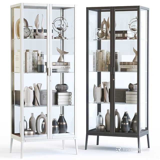 Stylish Sideboard With Glass Doors Metal Frame And Decorative Shelves For Books And Ornaments 3d model 