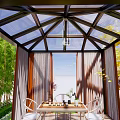 Villa Balcony with Wooden Structure White Curtains Outdoor Furniture Lush Greenery Flowers Under Blue Sky