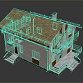 Two Story Residential Building With Sloped Tile Roof Chimney And Wooden Balcony Railing