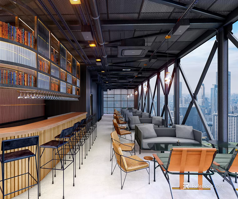 Stylish Urban Bar With Floor to Ceiling Bookshelves City Skyline And Modern Seating 3d model 