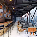 Stylish Urban Bar With Floor to Ceiling Bookshelves City Skyline And Modern Seating