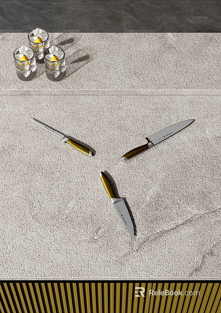 Three Stylish Kitchen Knives With Golden Handles And Silver Blades On Light Gray Surface 3d model 