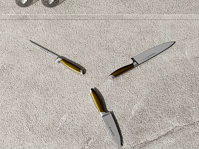 Three Stylish Kitchen Knives With Golden Handles And Silver Blades On Light Gray Surface 3d model