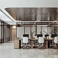 Modern Public Office Space Design With Desks Office Chairs Computers Hanging Lights And Glass Partitions