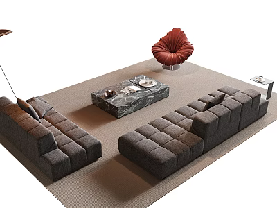 Modern Dark Brown Modular Sofa Coffee Table Combination With Marble Top And Red Accent Chair 3d model